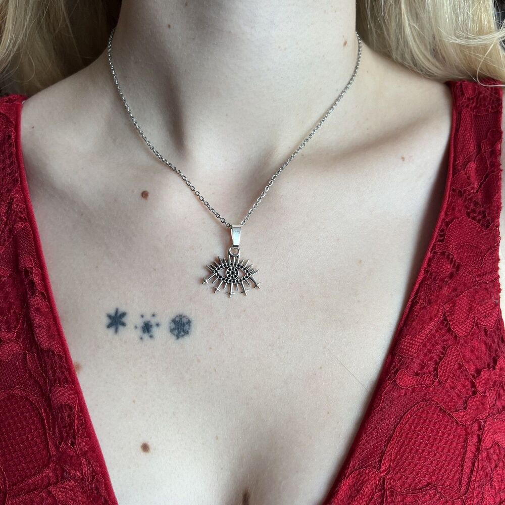 Dainty Silver Evil Eye Necklace 16 Inches Bohemian Whimsigoth Feminine Y2K